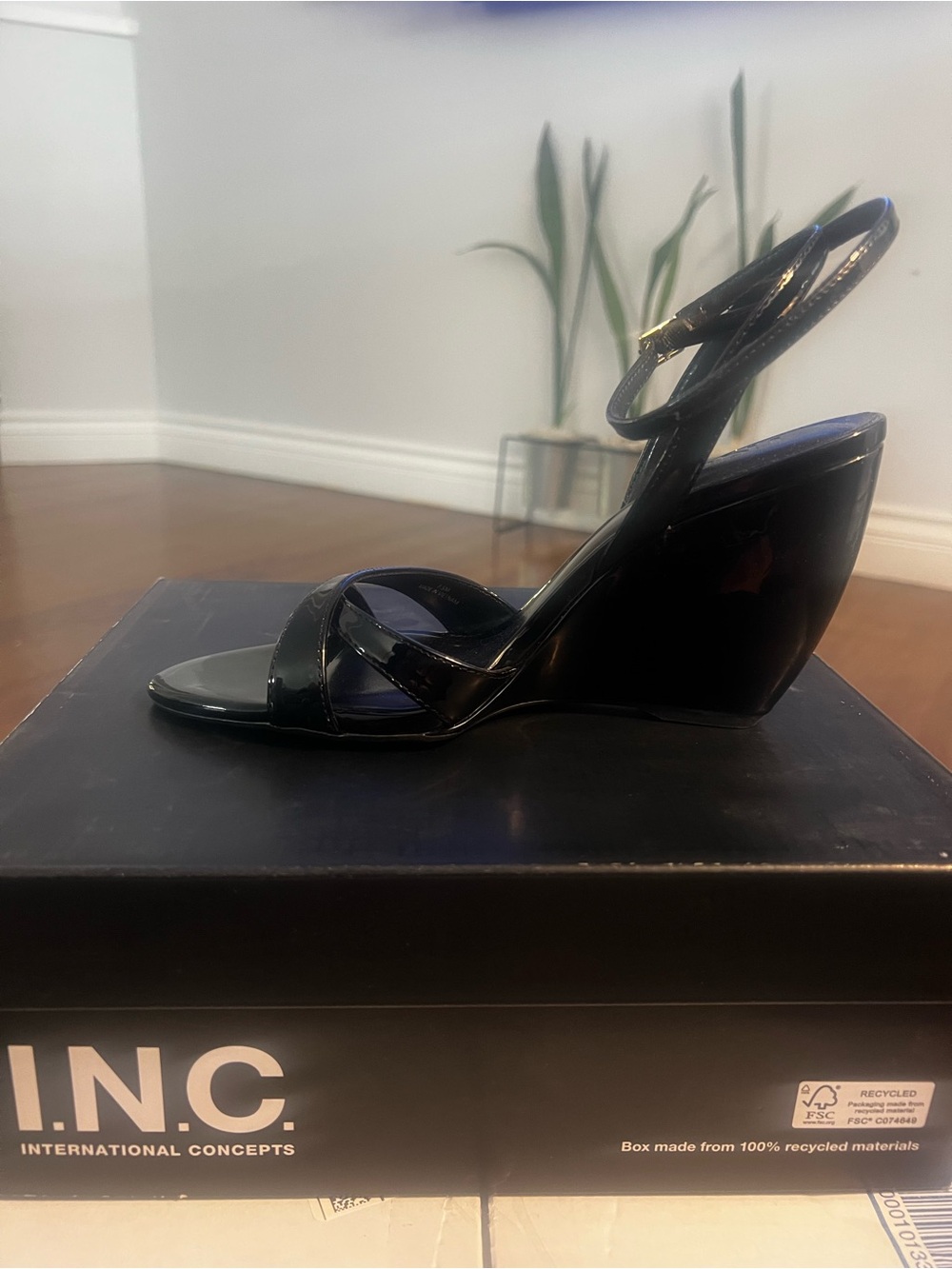 INC International Concepts Black Patent Wedge Sandals with Ankle Strap